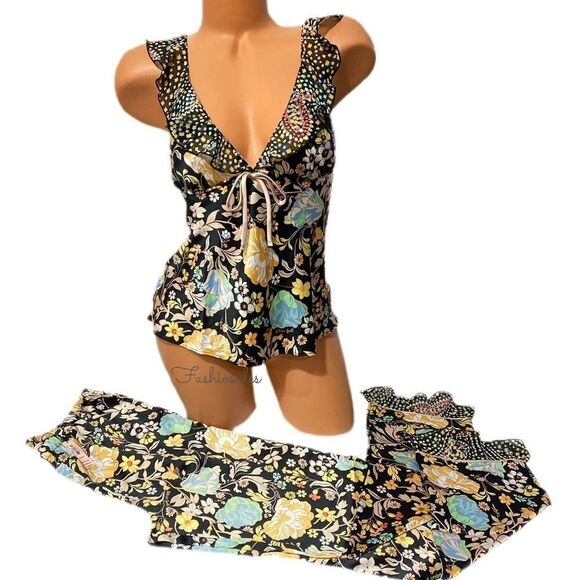 Victorias Secret Supersoft Silky Satin floral Ruffle Cami tank  pants pajama set - Picture 3 of 4
